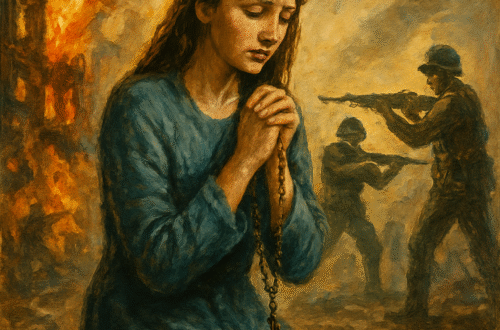 A woman praying for peace during a global crisis. There is a building burining in the back ground and 2 soldiers pointing guns at each other.