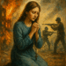 A woman praying for peace during a global crisis. There is a building burining in the back ground and 2 soldiers pointing guns at each other.