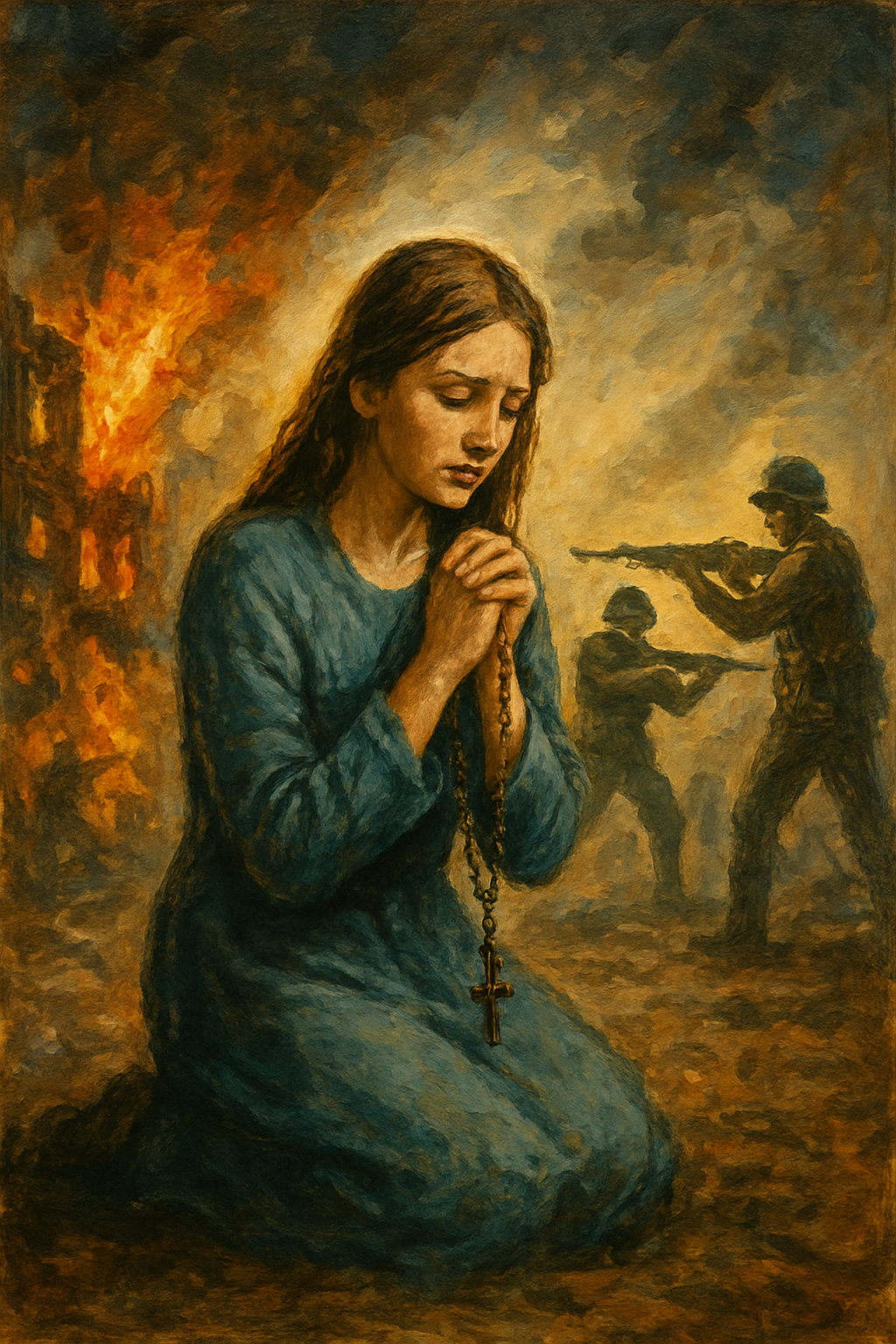 A woman praying for peace during a global crisis. There is a building burining in the back ground and 2 soldiers pointing guns at each other.