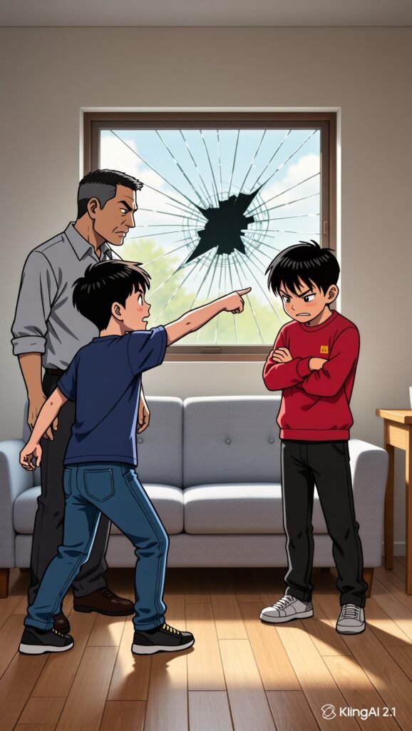 One boy pointning at another in front of a man. there is a broken window