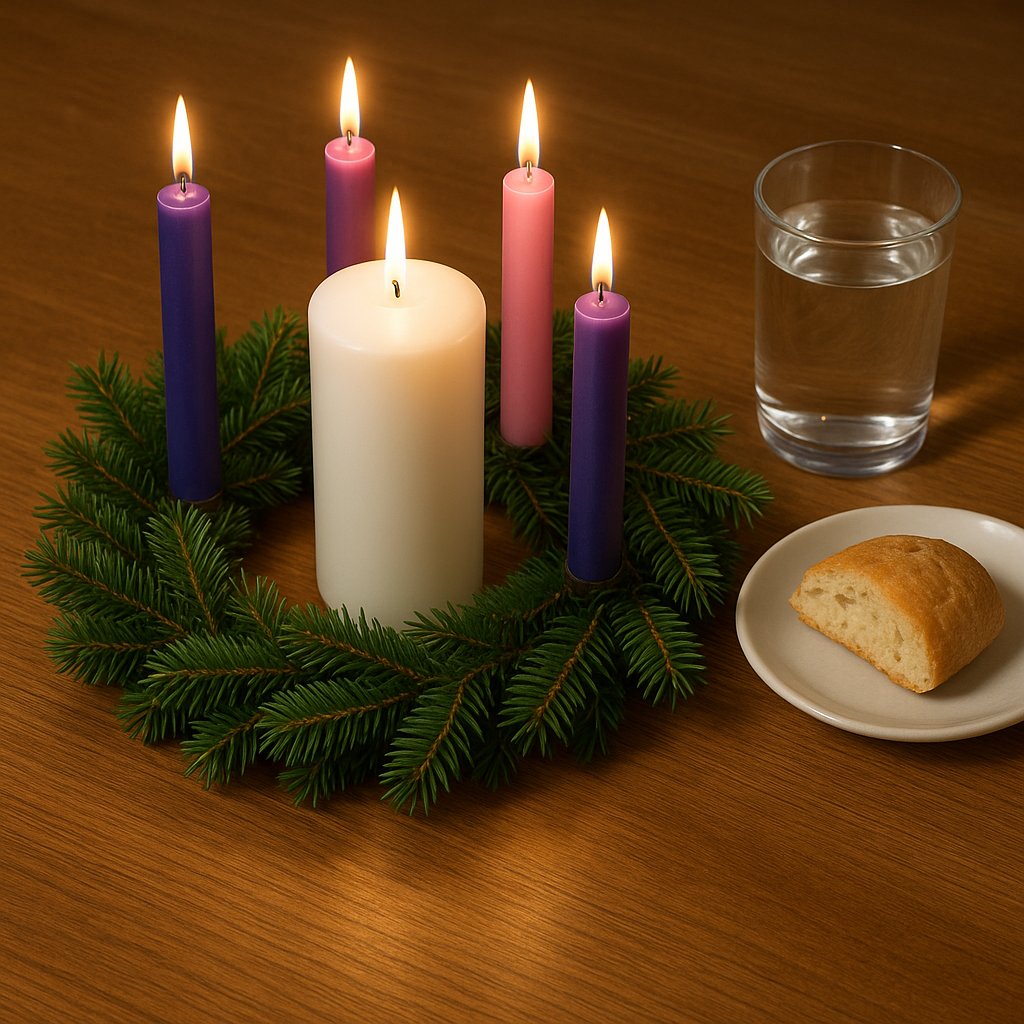 Advent wreath with a piece of bread and glass of water next to it.