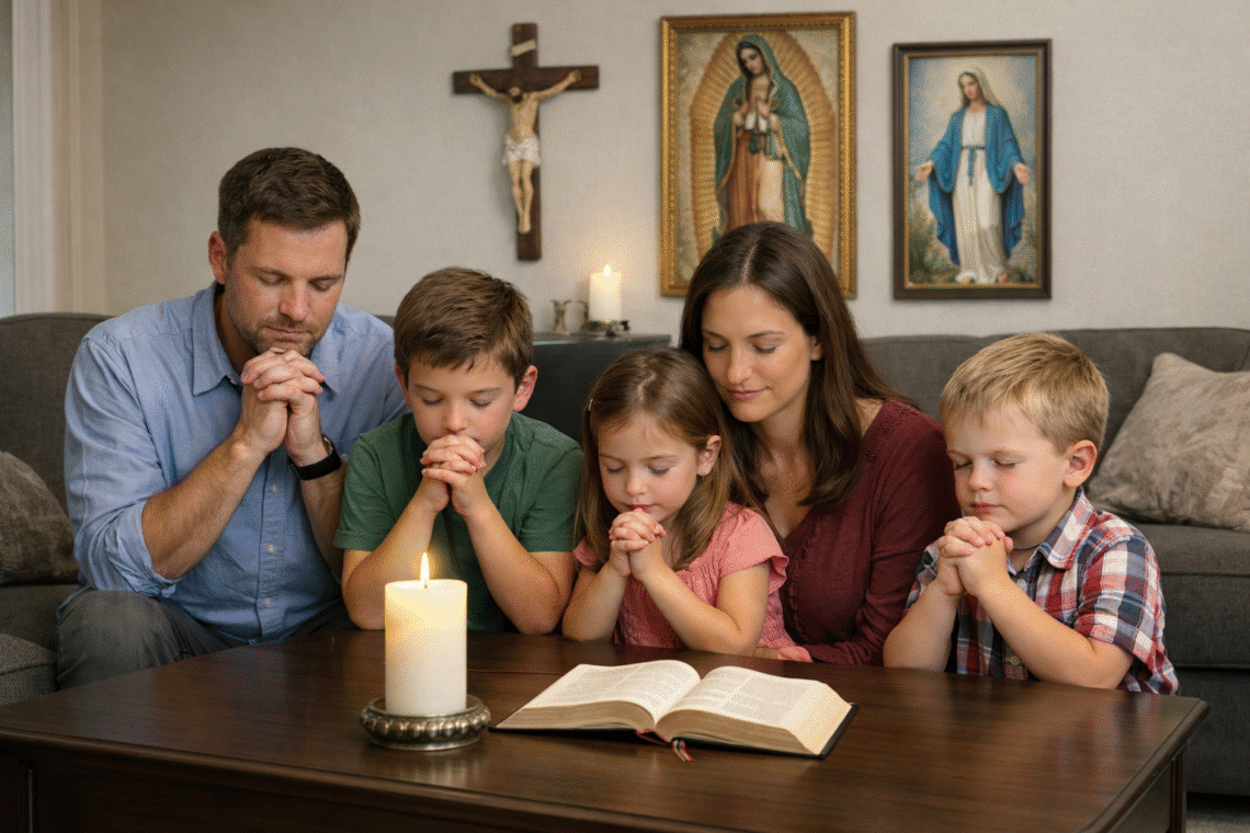 A Catholic family sitting around a coffee table praying