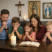 A Catholic family sitting around a coffee table praying