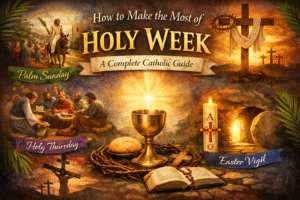 Illustration of the Catholic Holy Week journey from Palm Sunday and the Last Supper to the Cross and the Easter Vigil.