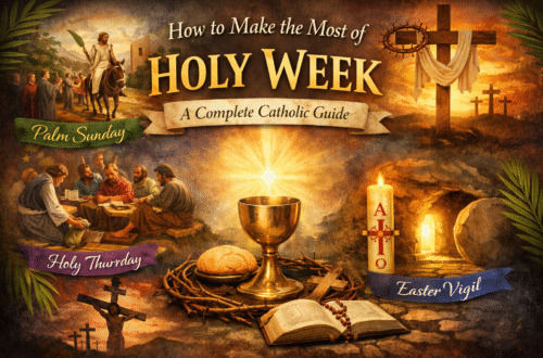 Illustration of the Catholic Holy Week journey from Palm Sunday and the Last Supper to the Cross and the Easter Vigil.