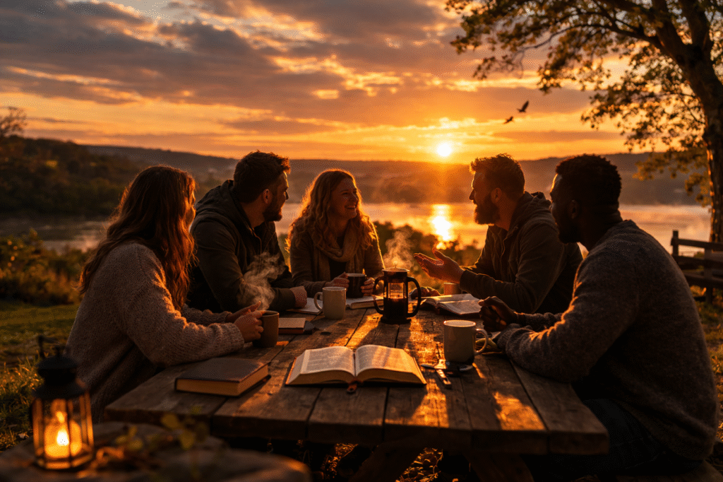 3 Christian men and 2 Christians women sat outside during sunset having coffee and reading the bible.
