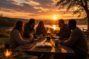 3 Christian men and 2 Christians women sat outside during sunset having coffee and reading the bible.