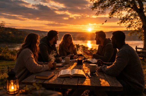 3 Christian men and 2 Christians women sat outside during sunset having coffee and reading the bible.