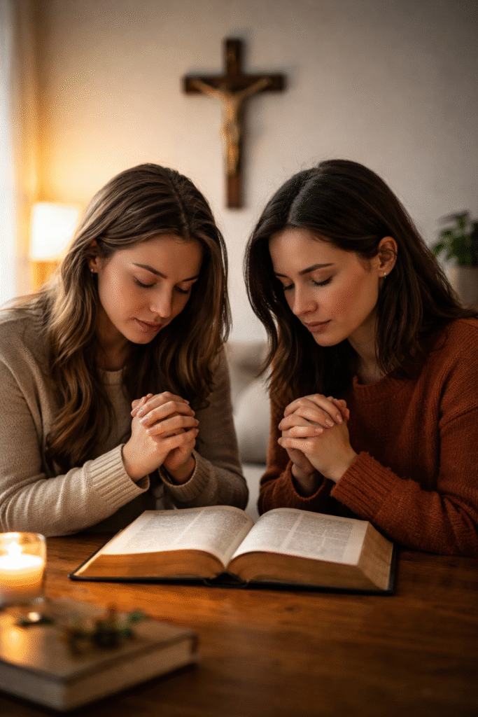 Two Christian women praying together. 

