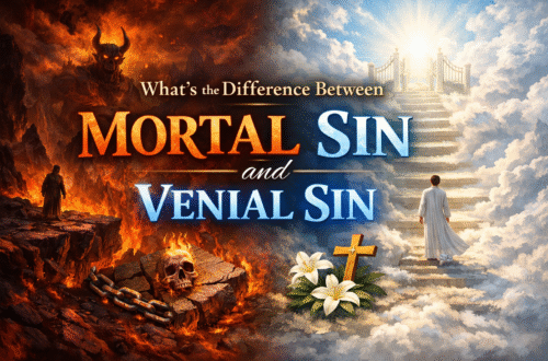 Split image contrasting mortal sin and venial sin: a fiery, dark hell scene on the left and a bright, peaceful heaven scene with stairs and light on the right